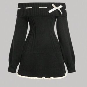 SHEIN Black Off-Shoulder Sweater Dress with Cream Accents